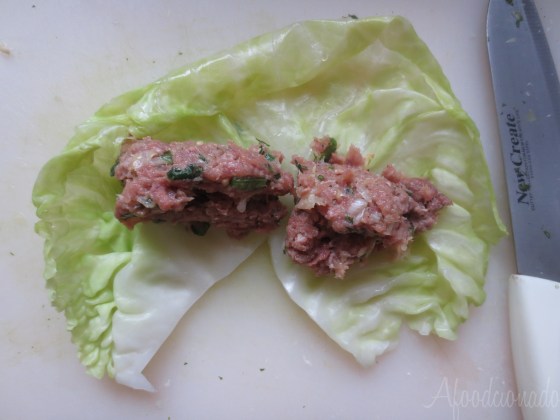 Wrapping the cabbage rolls is super easy. The curled leaves guides you and you tuck everything in.