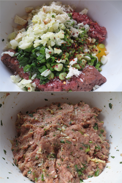 The meat mix at the top and all mixed up at the bottom